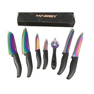Masso 7 pc. Knife Set NIB Chef Santoku Carving Bread Utility Paring Bottle Open